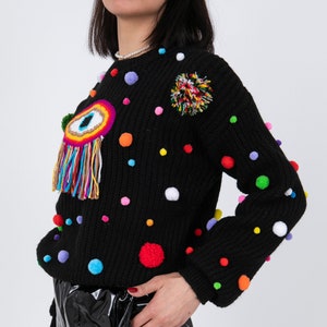 Cozy Black Hygge Hand Knit Sweater with Colorful Pom Poms - Fluffy, Chunky Knit Vintage Cardigan