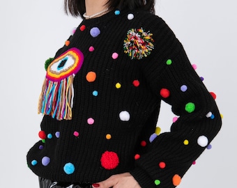 Hand Knit Wool Pom Pom Sweater: Black Hygge Chunky Cardigan