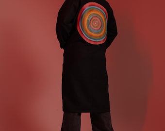 Mens Black Wool Coat – Colorful Spiral Statement Overcoat, Oversized Unisex Long Coat