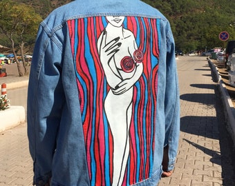 Hand-Painted Denim Jacket: Trippy Bohemian Rave Fashion