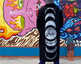 Lunar Phase Overcoat: Hand-Painted Celestial Witch Cloak