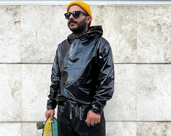 Wet Look Kunstleder Hoodie: Gothic Punk Techno Latex Sweatshirt
