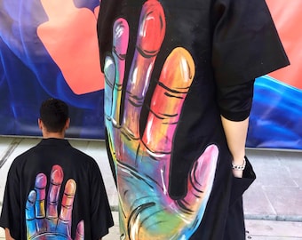 Quimono de linho pintado à mão, caftan gigante com arte feita à mão, roupão maxi boho