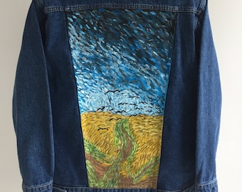 Hand-Painted Denim Jacket: Van Gogh "Wheat Field with Crows" Wearable Art