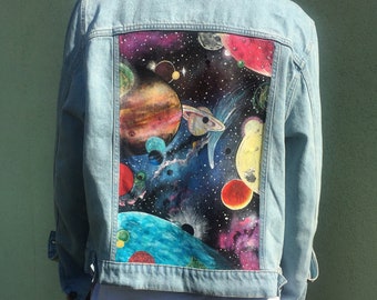 Hand Painted Jacket | Galaxy Space Universe Planets Stars Nebula Custom Personalised Jean Jacket, Customised Jacket Art