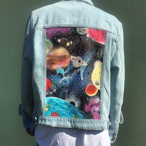 Hand Painted Jacket | Galaxy Space Universe Planets Stars Nebula Custom Personalised Jean Jacket, Customised Jacket Art