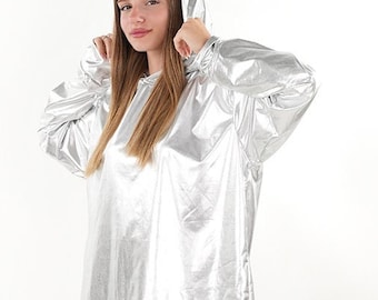 Metallic Silver Reflector Hoodie – Y2K Festival Fashion