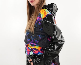 Acid Neon Rave Hoodie: Half Latex Leather, Unisex Gothic Punk Style