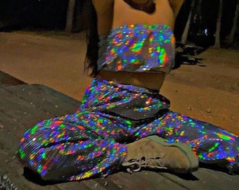 Disco Ball Dress Holographic Sequin Set for Nightclub,Burning Man Festival &Party, Glitter Strap Tank Top, High-Waist Bottom,90s 80s party