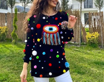 Hand Knit Wool Pom Pom Sweater: Black Hygge Chunky Cardigan