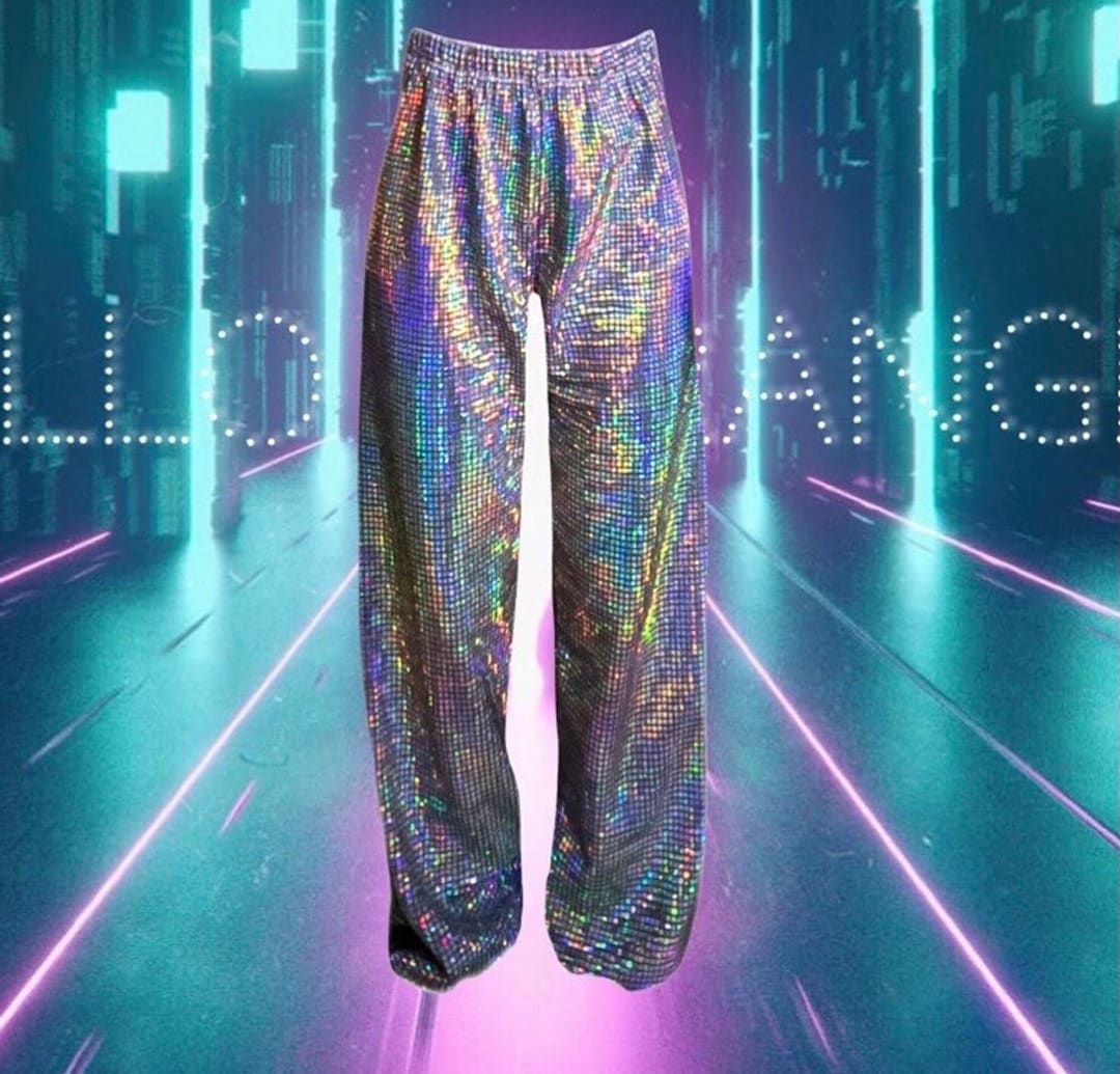 Hologram Pants Burning Man Festival Clothes Silver Metallic Glitter