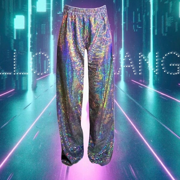 Pantalon hologramme Burning Man, vêtements de Festival, pantalon à paillettes métalliques argentées, unisexe, vêtements de fête de Carnaval