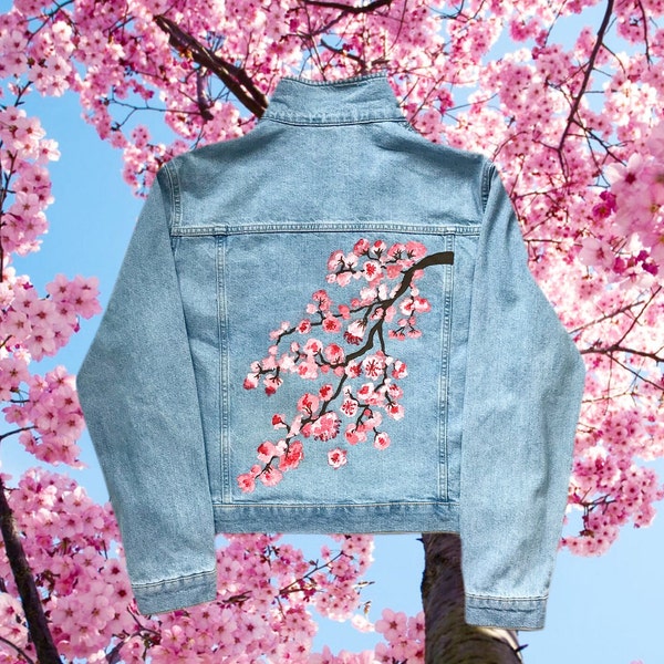 Kirschblüten Jeansjacke, handbemalte Jacke, Kirschblüten Sakura Jacke, Hanami Art, Handbemalt, Hanami Jeansjacke, gemalte Kunst