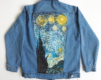 Sterrennacht Van Gogh geïnspireerd handgeschilderd denim jeansjack - artistieke vintage stijl, unieke handbeschilderde denim voor iedereen