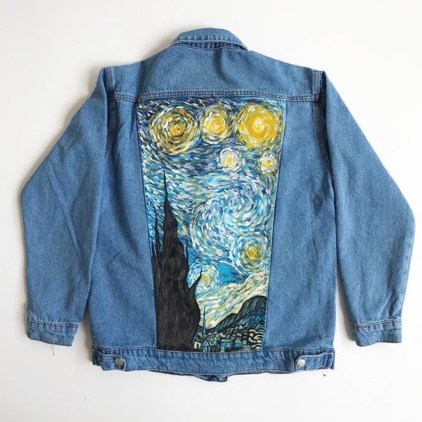 Starry Night Van Gogh Inspired Hand-Painted Denim Jean Jacket - Artistic Vintage Style, Unique Handpainted Denim for All