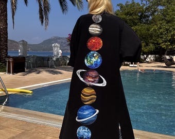 Hand-Painted Galaxy Kimono, Celestial Linen Robe, Boho Kaftan, Unisex Cardigan