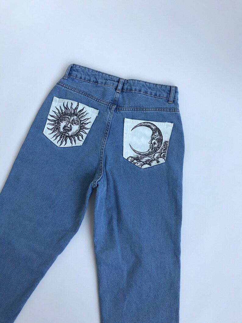 Hand Painted Jeans The Sun and The Moon | Etsy