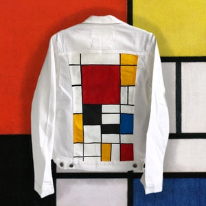 De Stijl Hand Painted White denim jean Jacket | Piet Mondrian  art vintage Handpainted Pablo Picasso composition with red blue and yellow