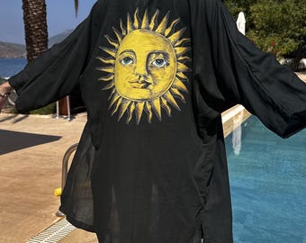 Black Linen Sun Kimono – Celestial Short Robe