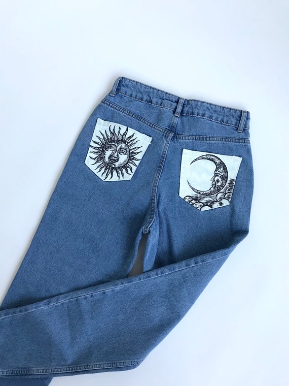 Hand Painted Jeans the Sun and the Moon 