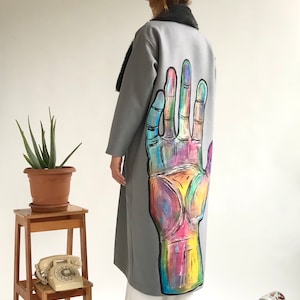 Grey Hand Painted Wool Coat Overcoat - Long Winter Coat - Colorful Customised Occult Giant Hand Boho Bohemian Handmade Coat