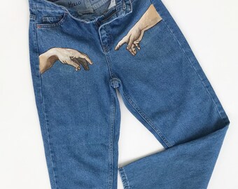Hand Painted Jeans the Creation of Adam 