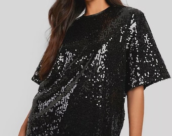 Black Sequin Disco Ball T-Shirt: Futuristic Rave Festival Top