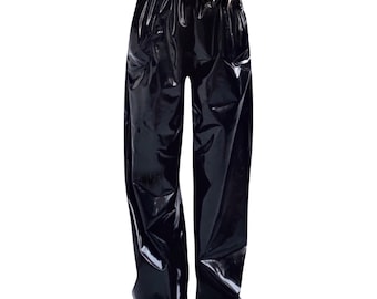 Black Patent Faux Leather High Waist Pants, Techno Wet Look Trousers