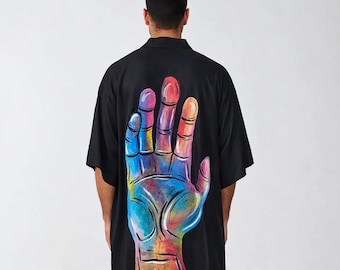 Hand-Painted Linen Kimono for Men – Giant Hand Art | Bohemian Maxi Kaftan