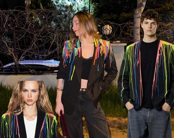 Hand-Painted Neon Drip Blazer for Men Women, Unisex Statement Art Jacket, Colorful Festival Blazer