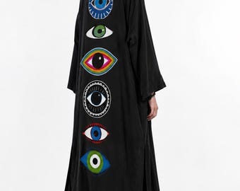 Evil Eye Kimono: Black Organic Linen Kaftan, Bohemian Beach Cover-Up