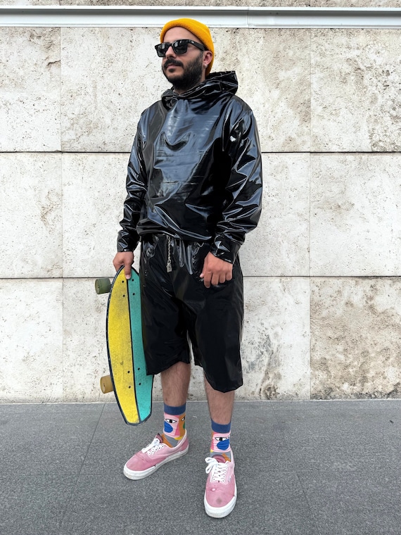 Walking Garbage Bag Sweatshirt High Waist Faux Leather Techno Latex Hoodie Wet Look Shiny Black for Gothic and Punk Style Etsy UK