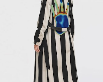 Hand-Printed X-Ray Hand Wool Coat – Black White Striped Statement Piece