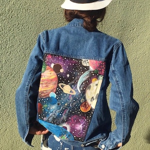 Hand Painted Jacket | Galaxy Space Universe Planets Stars Nebula Custom Personalised Jean Jacket, Customised Jacket Art