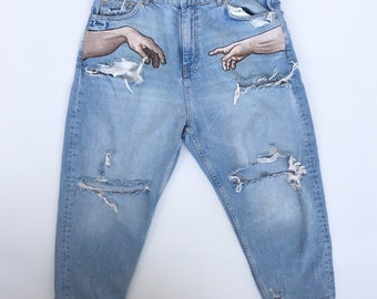 Hand Painted Jeans the Creation of Adam 