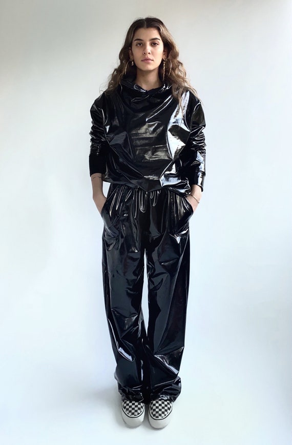 Black Patent Faux Leather Pants: High Waist Techno Latex Trousers