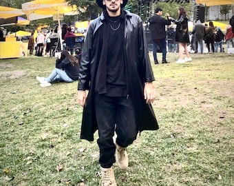 Unisex Black Leather Matrix Trench Coat: Gothic Rave Cosplay