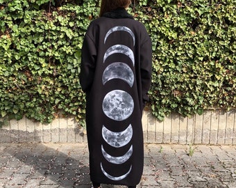 Lunar Coat - Moon Phase - Witchy Clothes, Celestial - Mystical - Eclipse Clothes Overcoat - Winter Outerwear Moon Child Midnight Witch Cloak