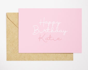 Pink Personalised Birthday Card, Custom Name Greeting Card