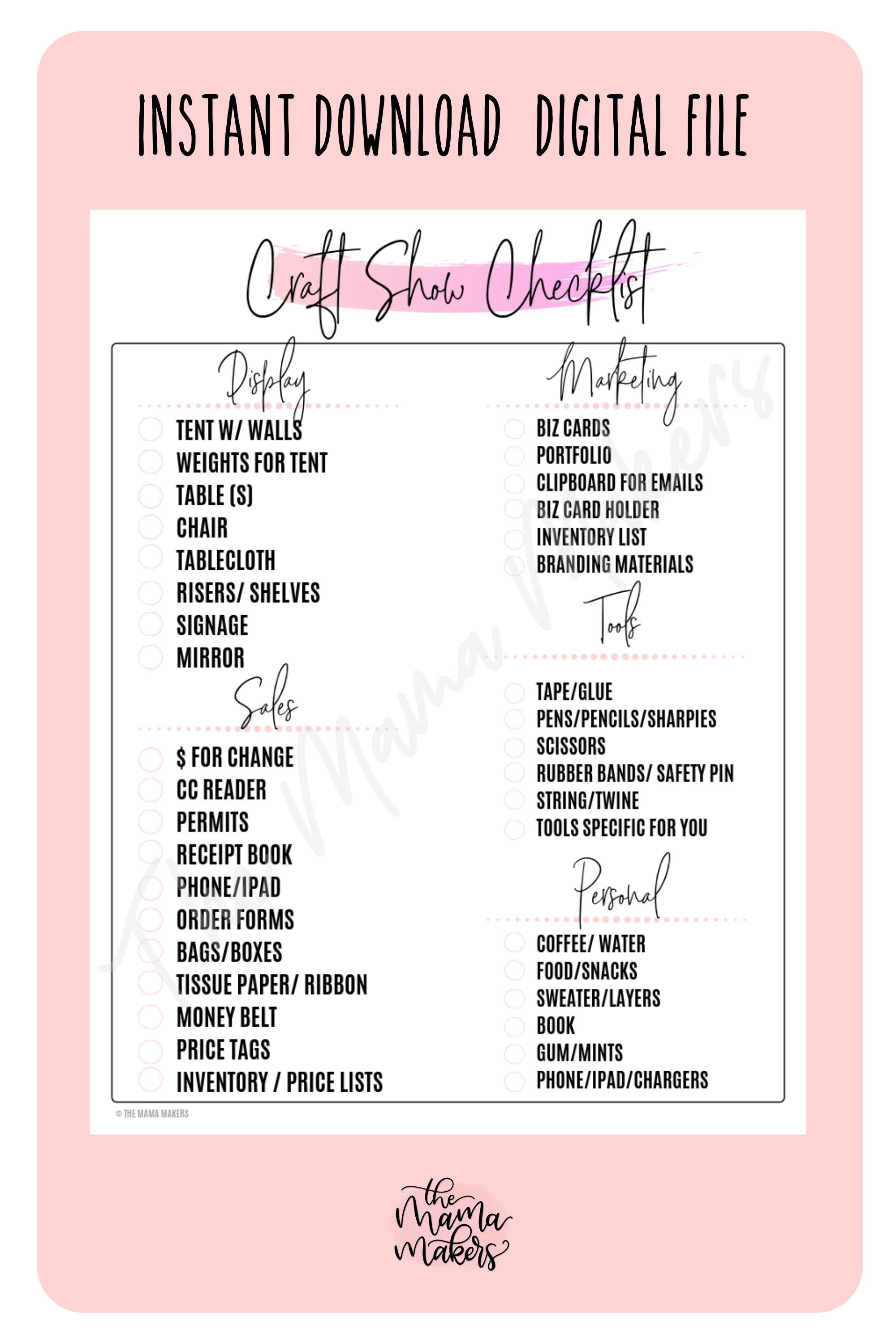 Craft Show Checklist Printable Instant Download Digital File Craft Fair
