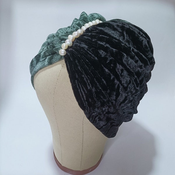 Black and gray / green velvet turban, wrinkled velvet with river pearls, luxury turban, LIANA MODEL