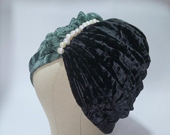 Black and gray / green velvet turban, wrinkled velvet with river pearls, luxury turban, LIANA MODEL