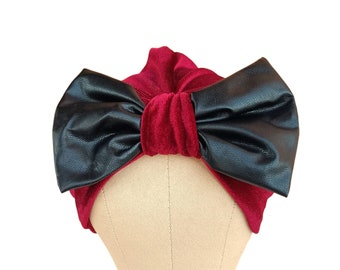 Velvet Turban with Faux Leather Bow: Pre-Tied Head Wrap
