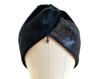 Black Velvet Sequin Turban: Handmade Jeweled Head Wrap