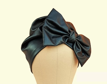 FAUX LEATHER BOW Turban / Black Pre Tied Turban / Women Head Wraps / Headwear / Hijab Headwrap With Bow