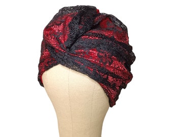 Red & Black Lace Turban: Elegant Twist Head Wrap