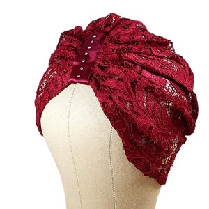 Burgundy Lace Turban: Handmade Bridal Head Wrap with Rhinestones
