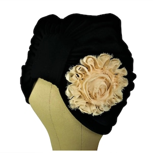 INSTANT Black Turban with Blush Pink TULLE FLOWER / Turban for Women / Head Wrap