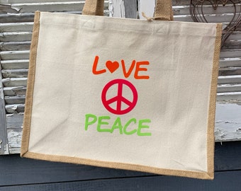 XL-Shopper | Love and Peace | Jutetasche | Markttasche | Shopper | Strandtasche | Einkaufstasche | Geschenk | bedruckt | beplottet | Sommer