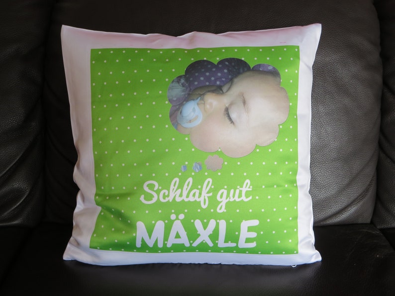 Kissen mit Foto, Namen und Geburtsdaten mit eigenem Foto eigenem Motiv personalisiert Geschenk zur Geburt 40 x 40 cm Taufe Bild 8